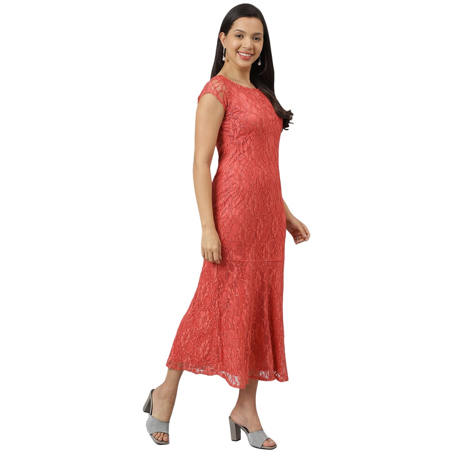 Latin Quarters Women's Rose Round Neck with Short Sleeve Lace Party Dress_XL
