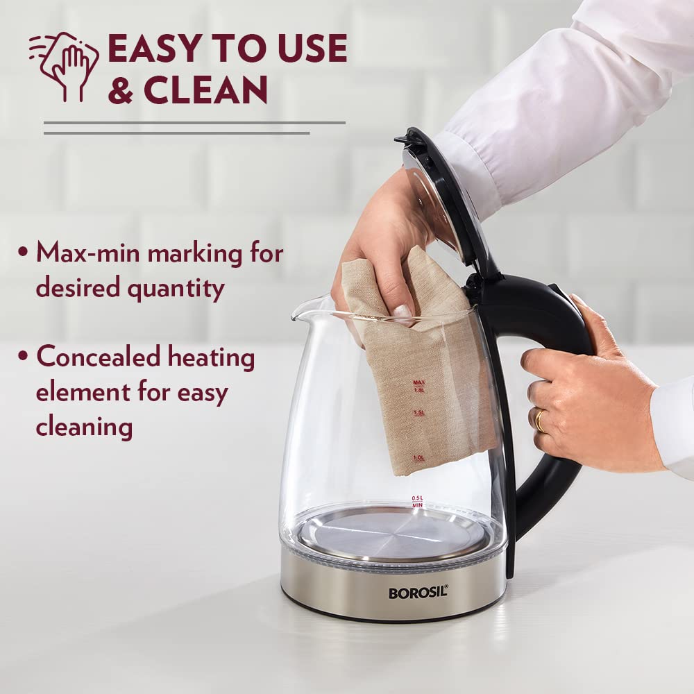 Borosil Electric Glass Kettle, Borosilicate Glass, Extra Long Cord, Dry-Boil Protection, 360° Rotating Base, 1.8 L, Transparent, 1500 Watts