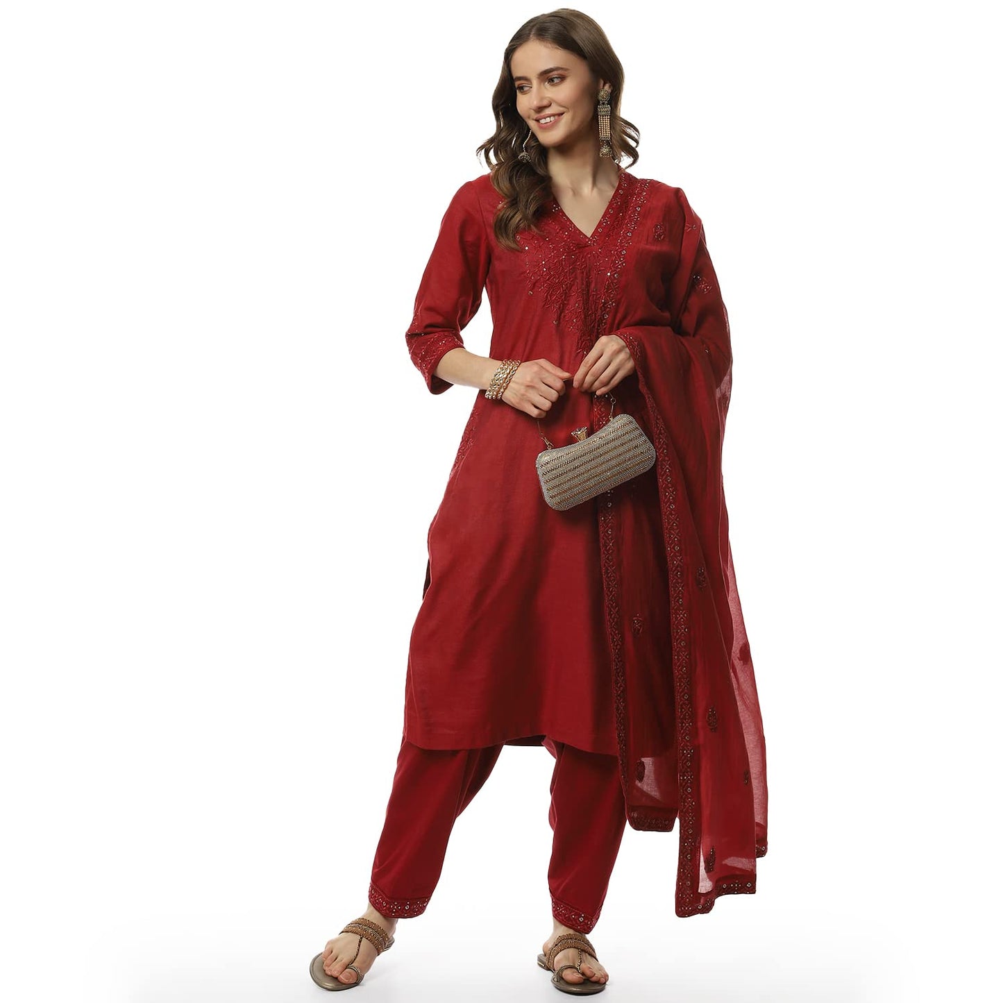 BIBA WOMEN EMBROIDERY RELAXED SALWAR KURTA DUPATTA(SKDCHIKANKA8155_CHERRY RED_36)