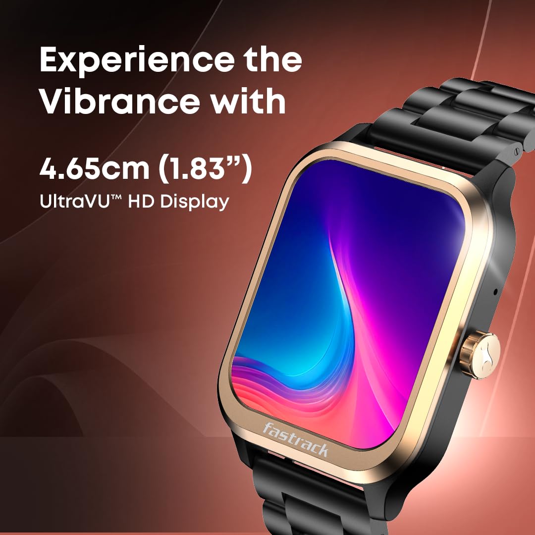 Fastrack Jupiter Retro 1.83" Display Smart Watch with Bluetooth Calling, Functional Crown, Metal Strap, 100+ Sports Modes, Health Suite, IP68, 5-Day Battery – Smartwatch for Man & Women Latest (Black)