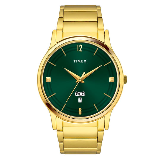 TIMEX Analog Watch for Man with Green Round Dial & Gold Stainless Steel Bracelet Band Water Resistant Men's Wrist Watches - TW000R462
