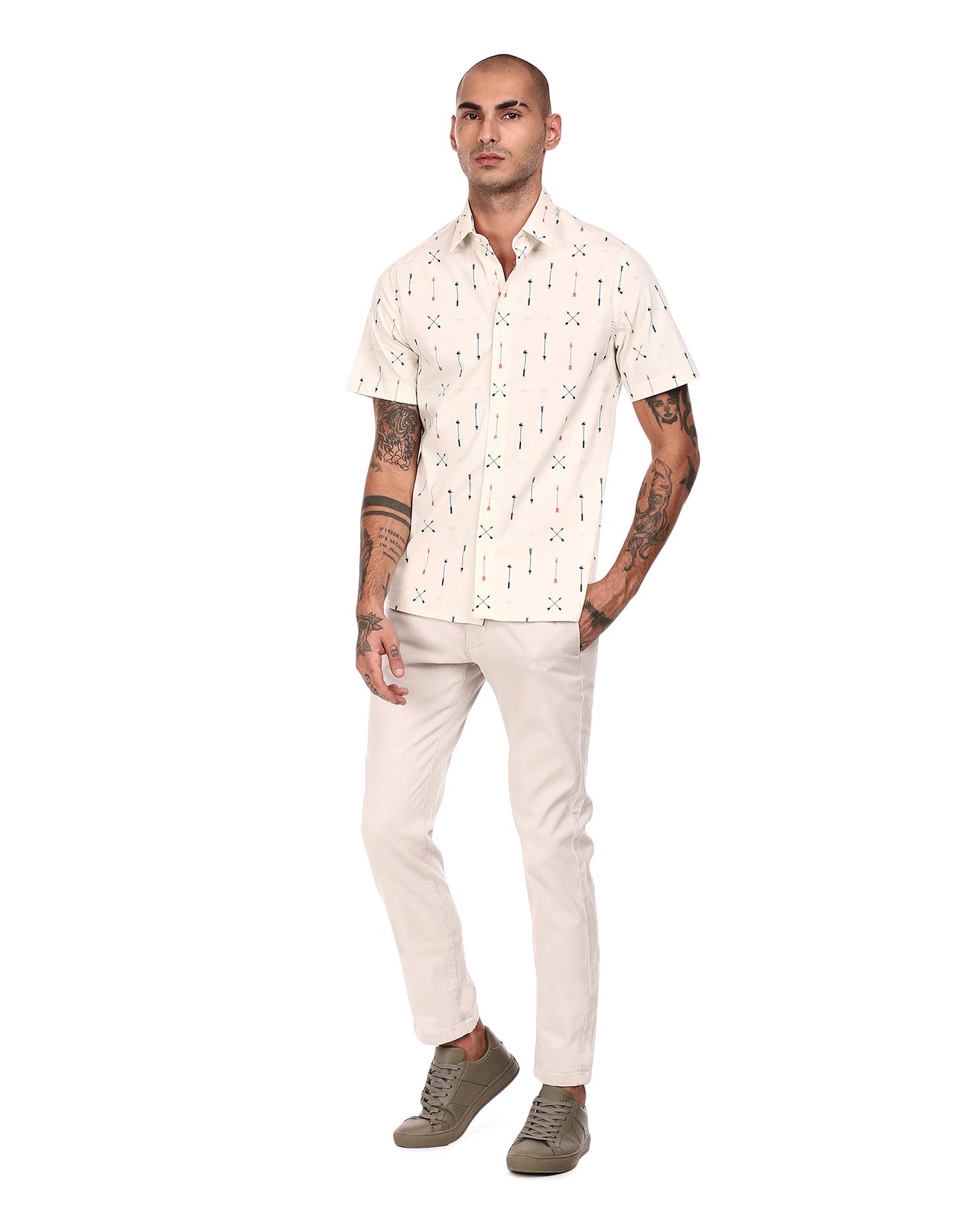 Arrow Men's Printed Slim Shirt (ANABSH1031_Beige 38)