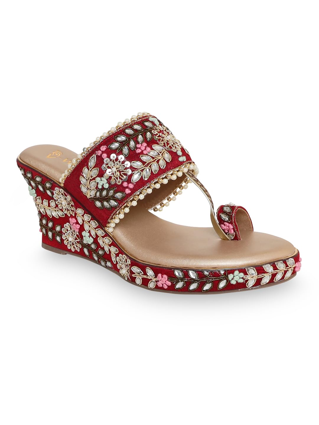 V-WALK Women's Slip-Ons Floral Embroidered Ethnic Wedge Heel Bridal Sandals | Wedding, Ethnic, Festive Occasions Bridal Heels for Women | Heel Height: 3 Inches | Maroon