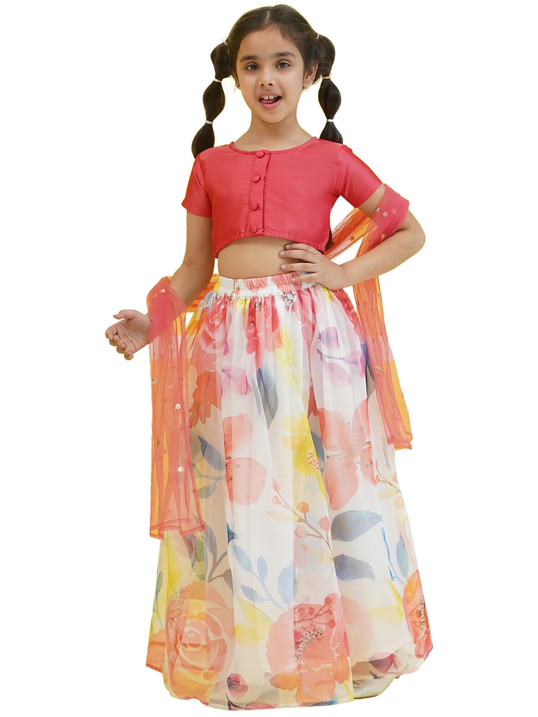 AJ DEZINES Kids Ethnic Wear Silk Blend Organza Floral Printed Pink Lehenga Choli for Girls With Dupatta (G-LH-16-PINK-36)
