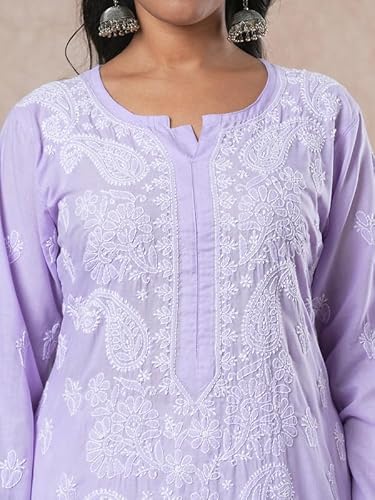 Ada Hand Embroidered Lucknowi Chikankari Cotton Straight Kurta Kurti for Women A411677 Lavender (M)