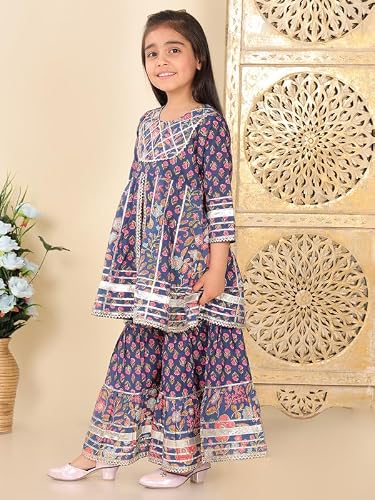 superminis Girls Cotton Floral Printed Gotta Work 3/4 Sleeves Flared Design Kurti & Sharara Set (2-3 Years, Navy Blue)
