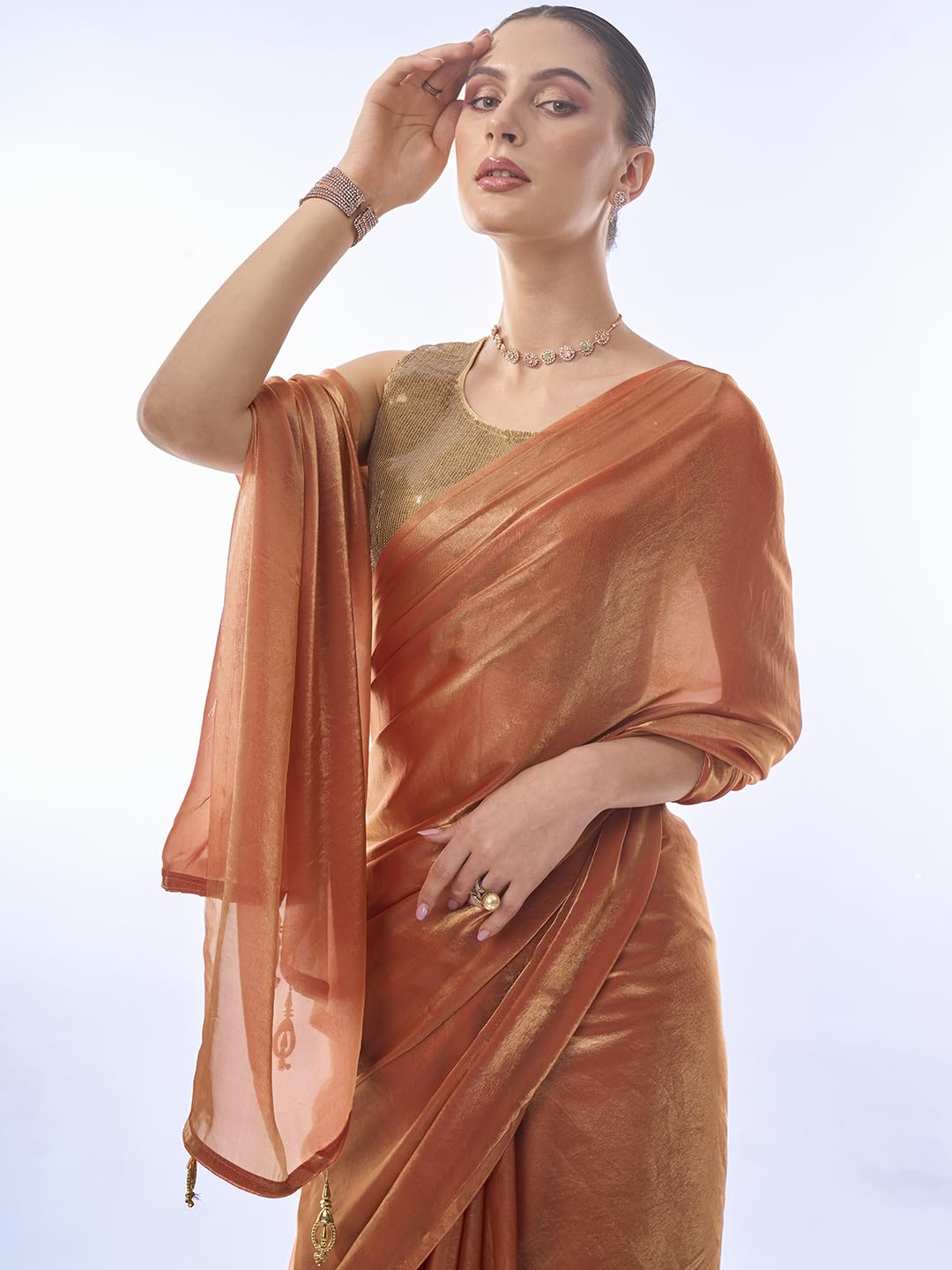 ORHANS Women's Organza Latakan Lightweight Saree With Art Silk Sequence Work Golden Unstitched Blouse Piece