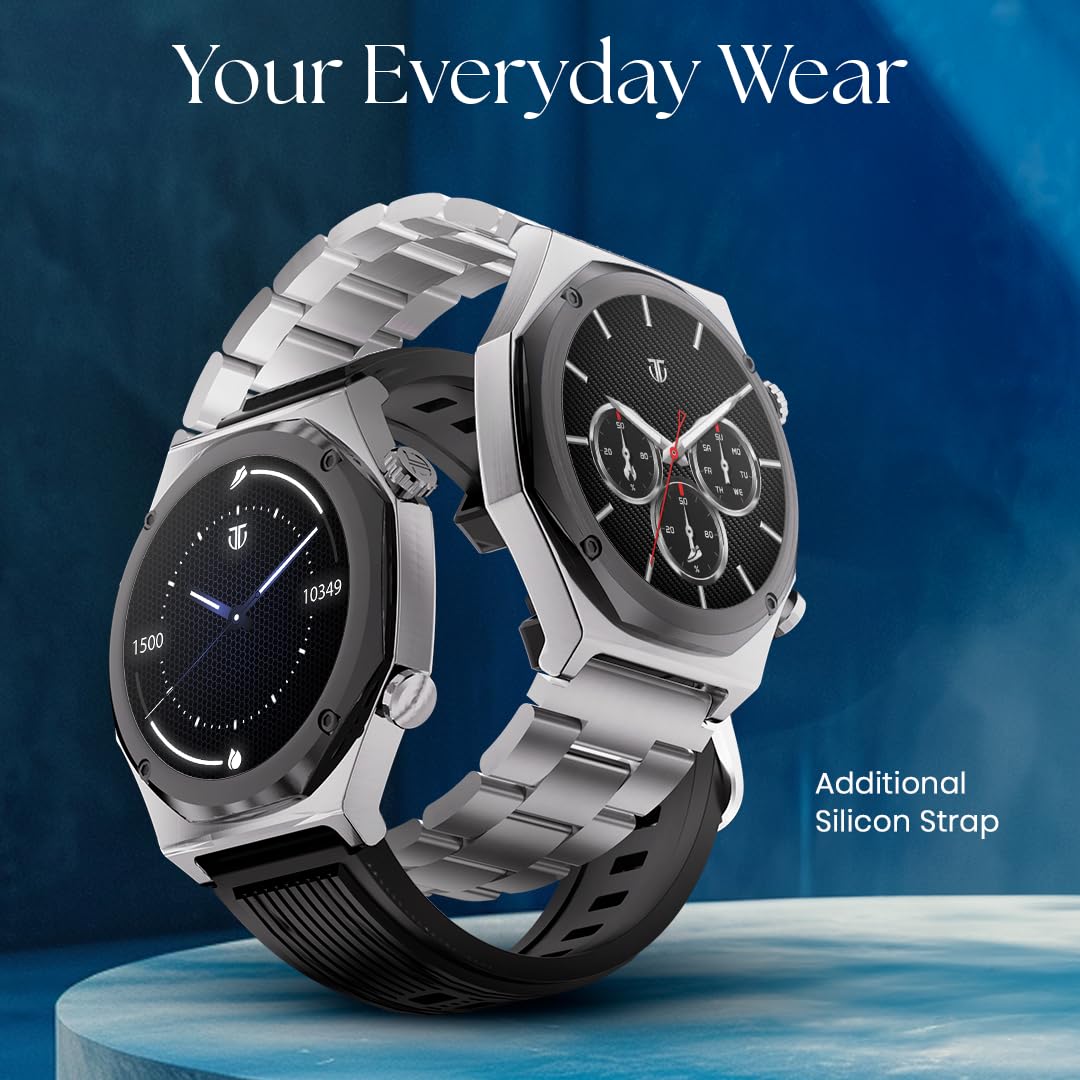 Titan Maestro 1.47" Zero Lag AMOLED Smart Watch for Man with SS316L Stainless Steel, BT Calling, 60Hz Refresh Rate, Health Tracking,10 Days Battery,Water & Dust Resistant, Extra Silicon Strap (Silver)