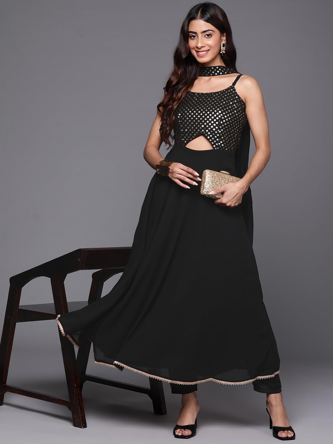 Libas Womens Embroidered Georgette A-Line Kurta With Trousers and Dupatta