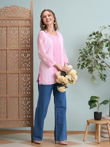 Ada Hand Embroidered Lucknowi Chikankari Georgette Short Kurti Top Tunic for Women A911515 Baby Pink (M)