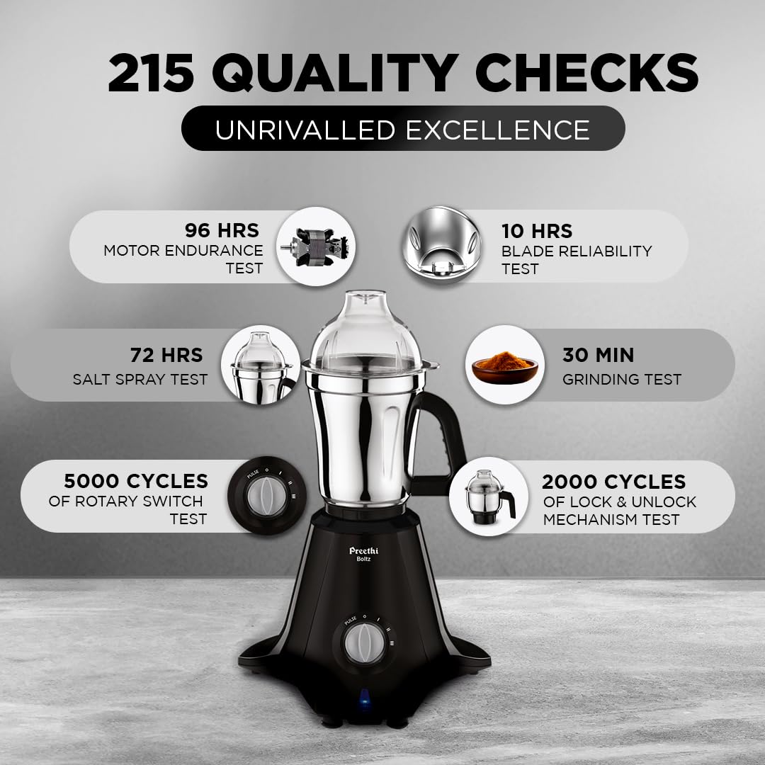 Preethi Boltz Mixer Grinder for Kitchen | 4 Jars 1000 Watts Mixie| 3 Stainless Steel Jar & 1 Blender Jar for Milkshake,Smoothie,Puree - Black (MG-288)