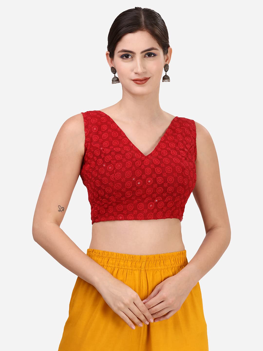 OOMPH! Women's Indian Ethnic Wear Designer Leaf Pattern V Neck Sleeveless Cotton Red Blouse for Saree or Lehnga and BlousePalazzos or Skirts for a Fusion Twist.