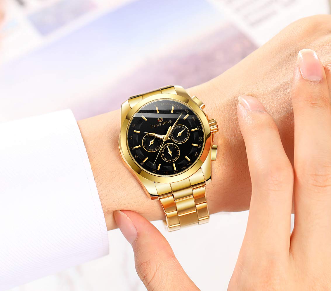 FORSINING Men's Waterproof Analog Quartz Watch Calendar Automatic Self-Wind Clock with Stainless Steel Belts Wristwatch, 1-Black and Gold, Quartz Watch