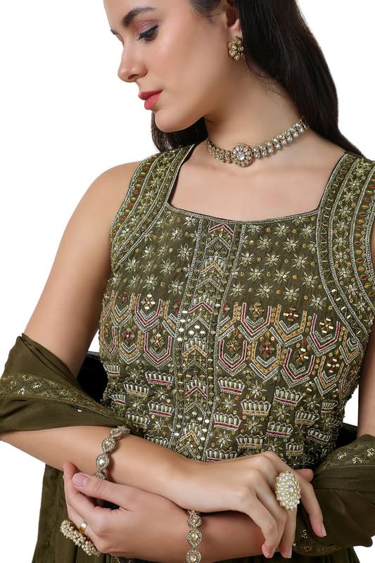 Soch Womens Green Embellished Silk Blend Gown with Mirror Work
