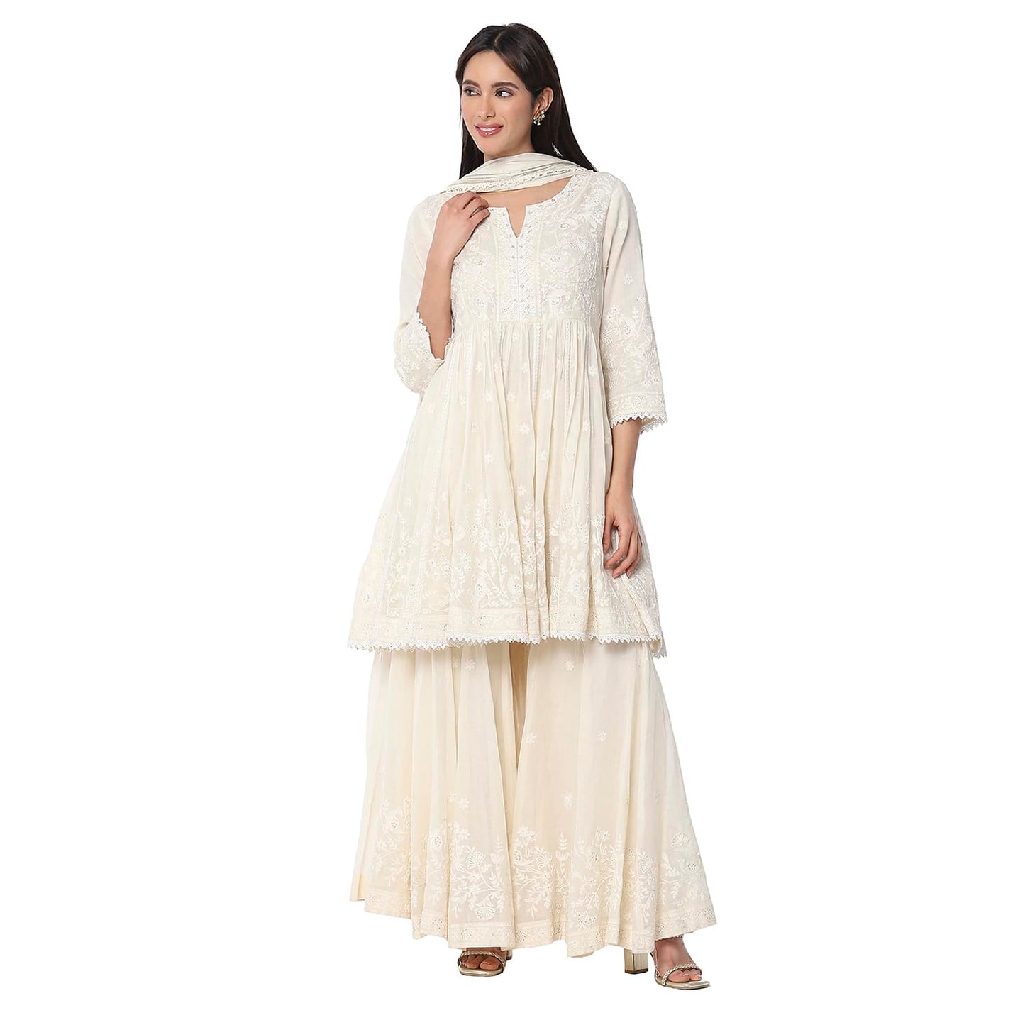 Biba Women's Pure Cotton Kurta Set (SKDNKSI10473SS25OWHT_Off White