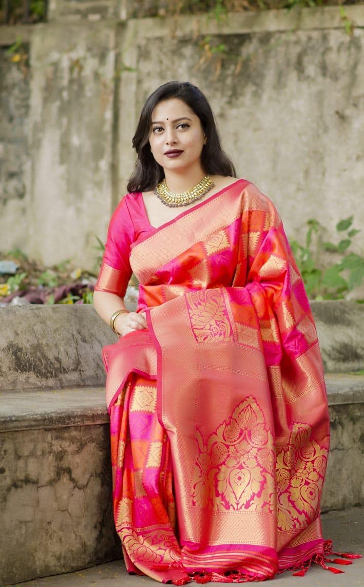 SGF11 Women's Kanjivaram Soft Silk Saree With Blouse Piece (Orange, Pink, Golden)