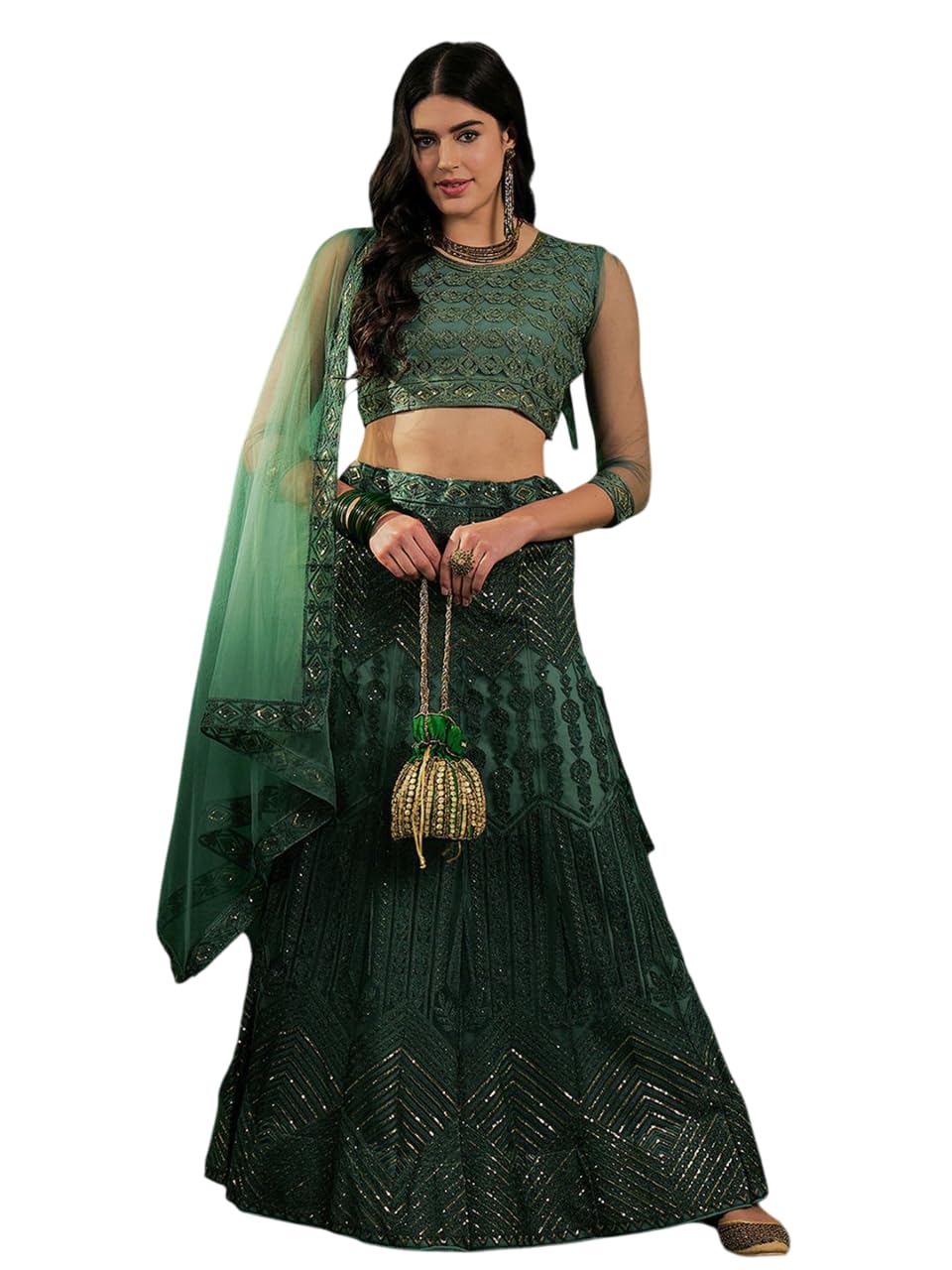 VARNI FABRICS Lehenga set for Women Heavy Net Multi Embroidered Zari Work Semi Stitched Lehenga for Women Wedding Ethnic Traditional Party Lehenga Choli with Dupatta | Green | Free Size