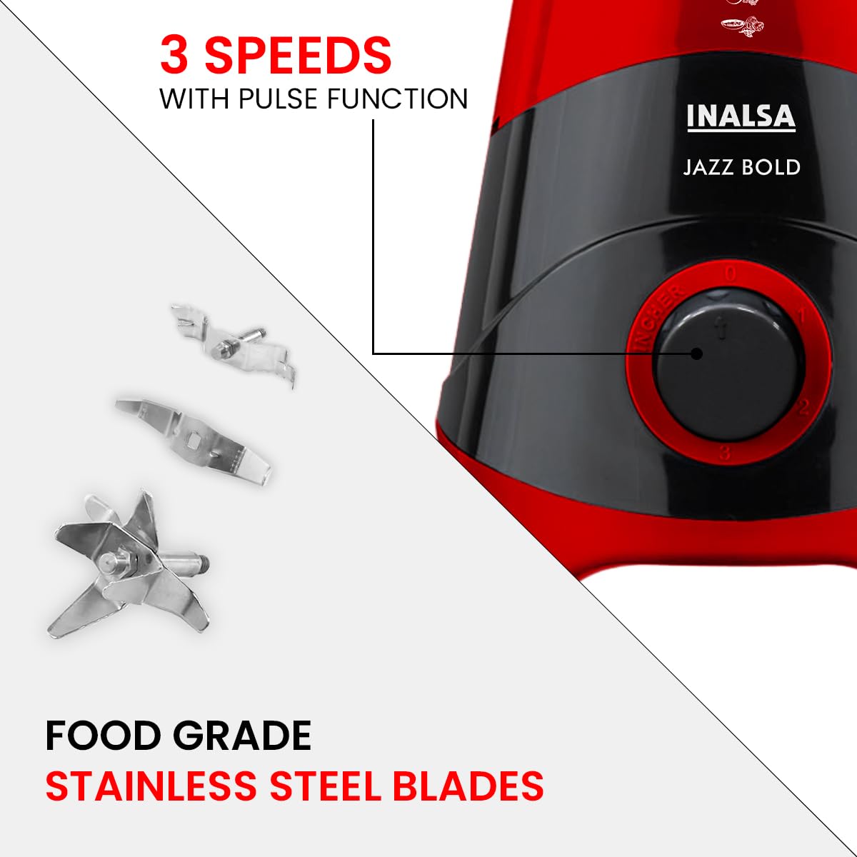 INALSA Mixer Grinder|500W Powerful Motor|High RPM 21000 for Finer Grinding Result|3 Stainless Steel Jars (1.2 L,0.8 L,0.4 L)|Leak-Proof Lid|3 Speed Control & Pulse Function|2 Year Warranty|Jazz Bold