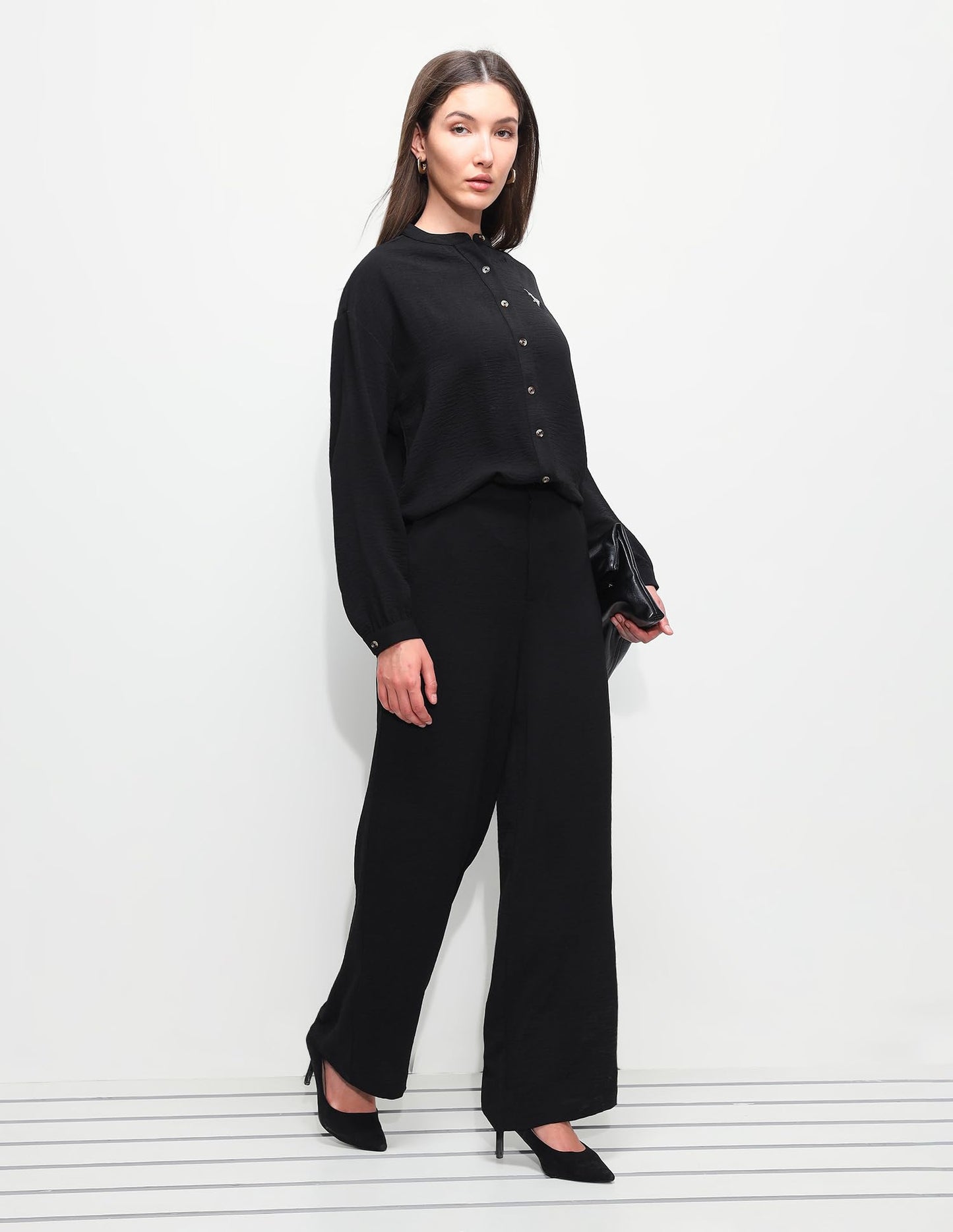 U.S. Polo Assn. Women Women's Solid Relaxed Fit Mandarin Shirt (UWSS26SHT334_Black_S)