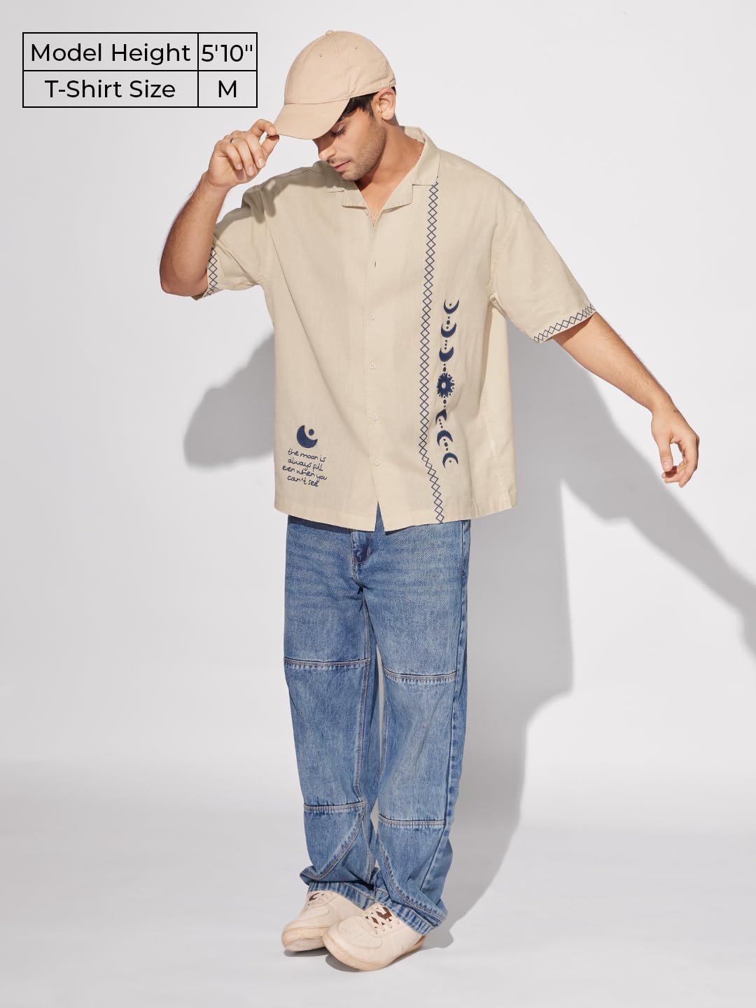 The Souled Store Bloom: Believe Men and Boys Short Sleeves Collared Neck Button Front Beige Embroidered Regular Fit Cotton Shirts