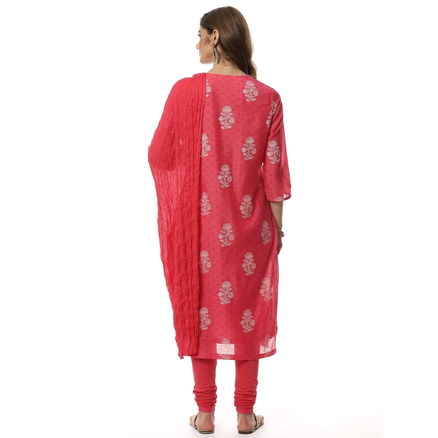BIBA Women's Cotton Pink Straight Kurta Churidar Suit Set