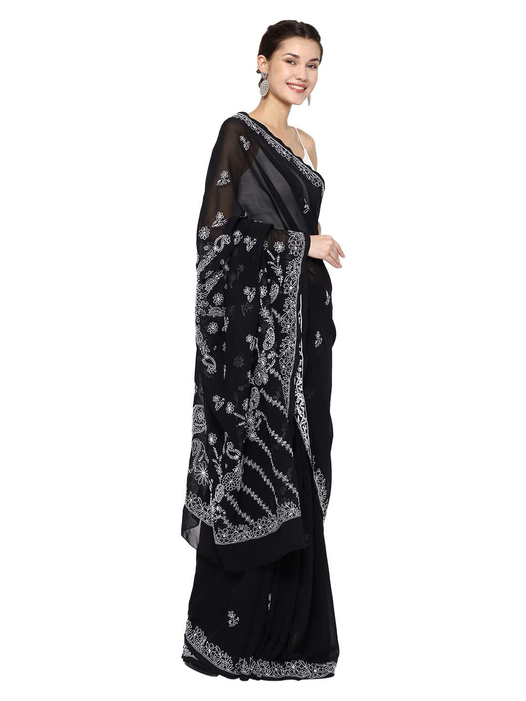 Ada Hand Embroidered Lucknow Chikankari Women's Georgette Saree with Unstitched Blouse Piece A130251 Black