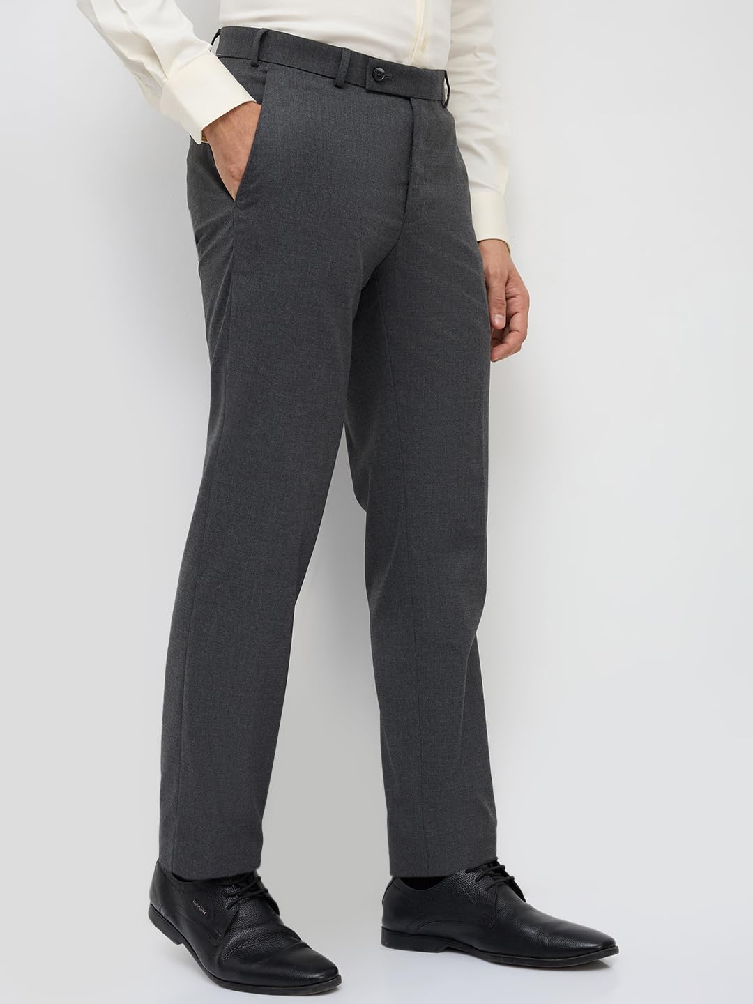 Park Avenue Men Slim Fit Solid Pattern Polyester Blend Flat Front Formal Trouser Dark Grey