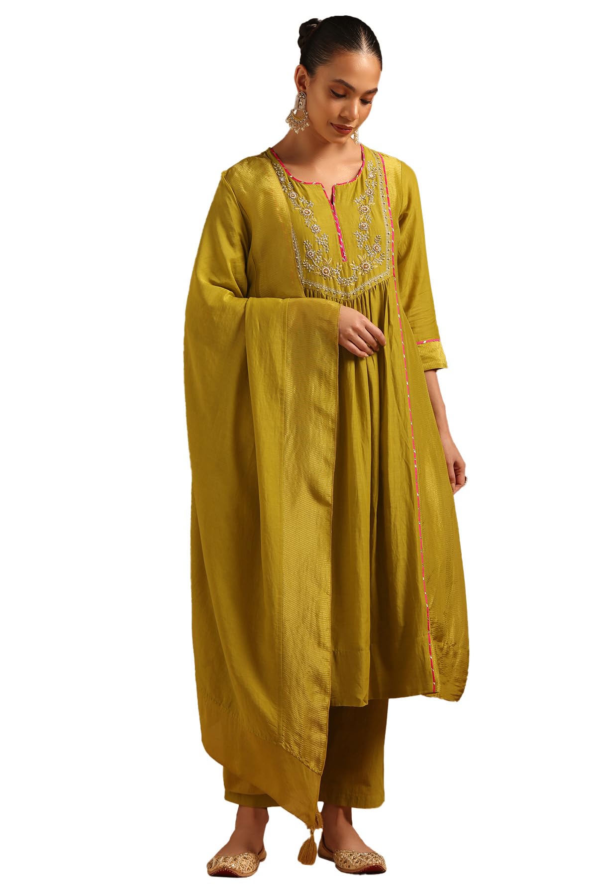 Soch Womens Light Green Mul Chanderi Floral Salwar Suit With Beads And Stones