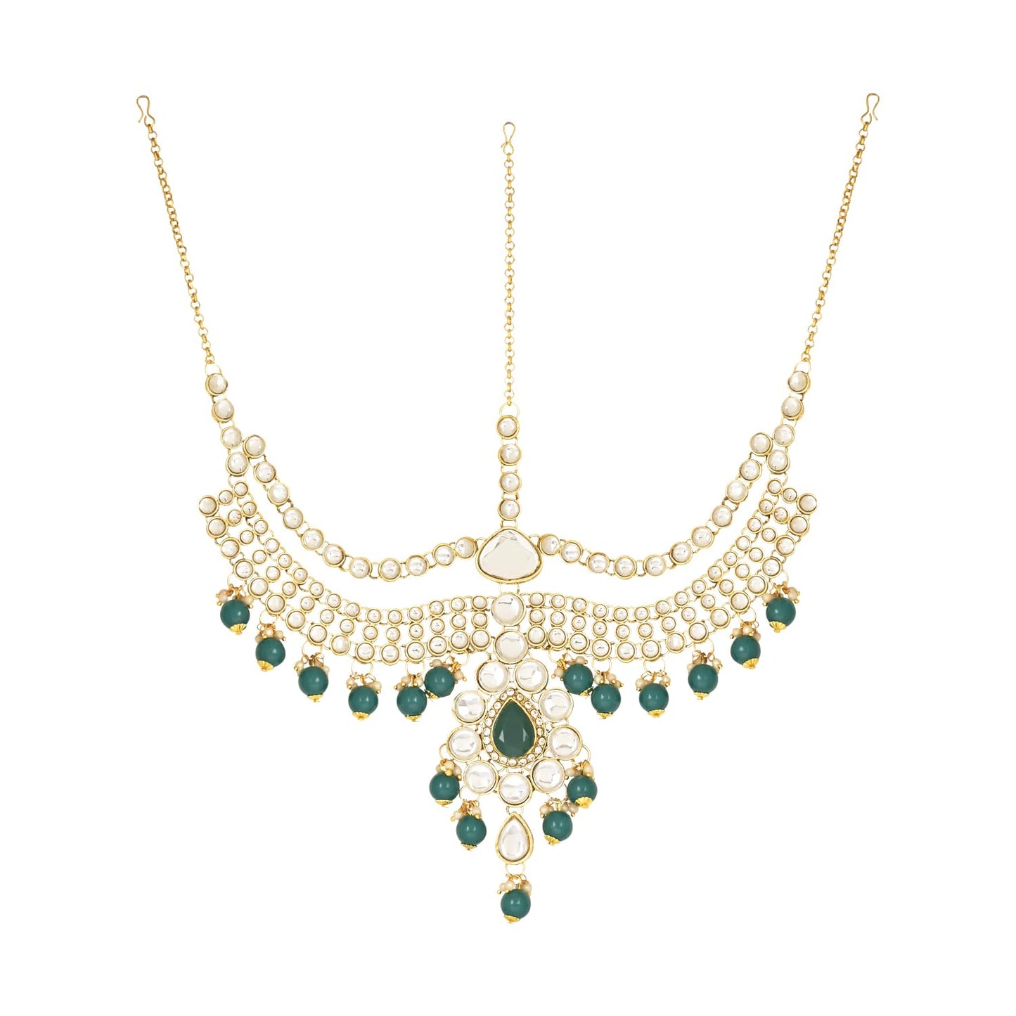 I Jewels Wedding Collection Traditional Ethnic Gold Plated Pearl & Kundan Stone Work Bridal Jewellery Set For Women (Green) (BLP036G)