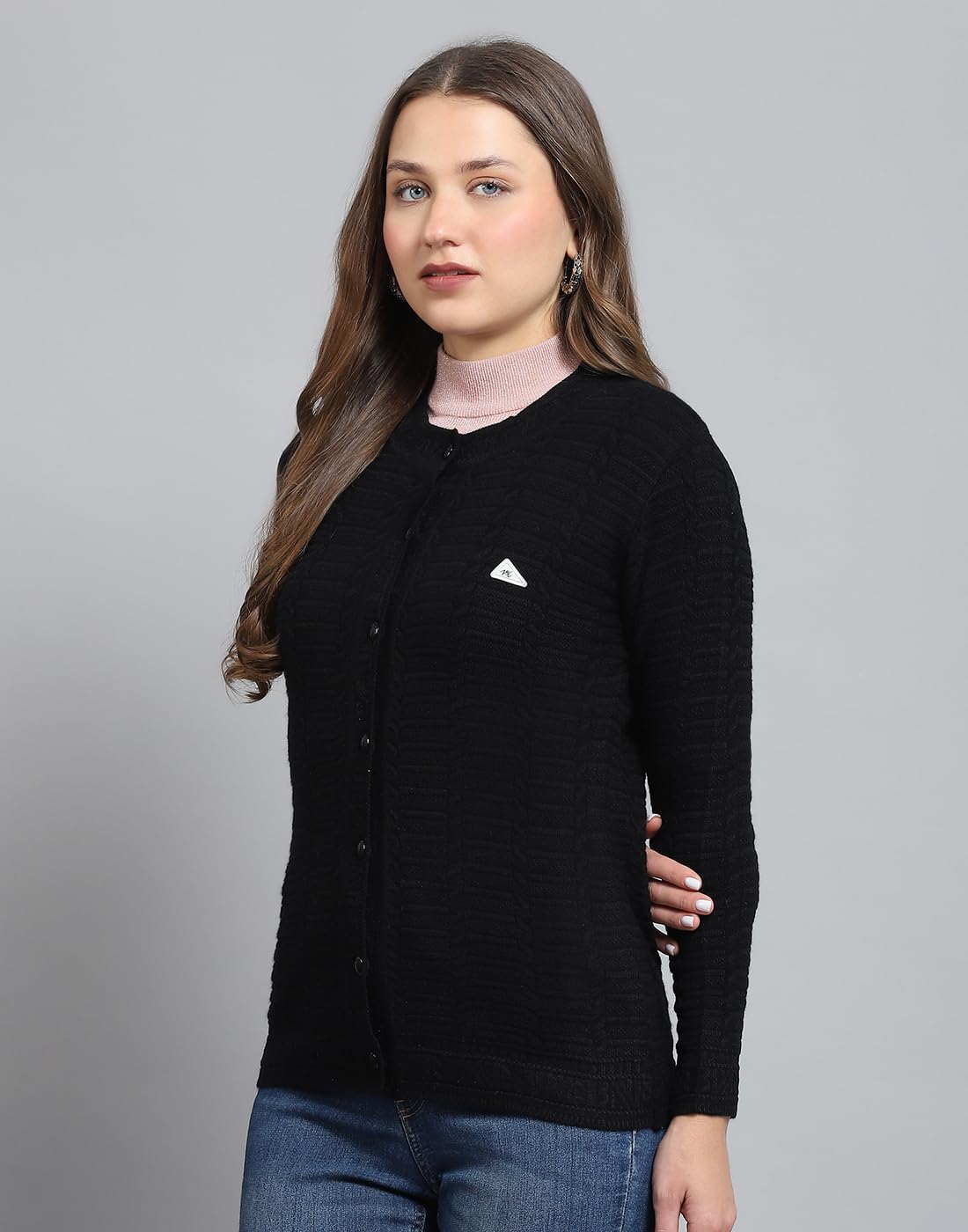 Monte Carlo Womens Self Design Black Round Neck Full Sleeve Cardigan