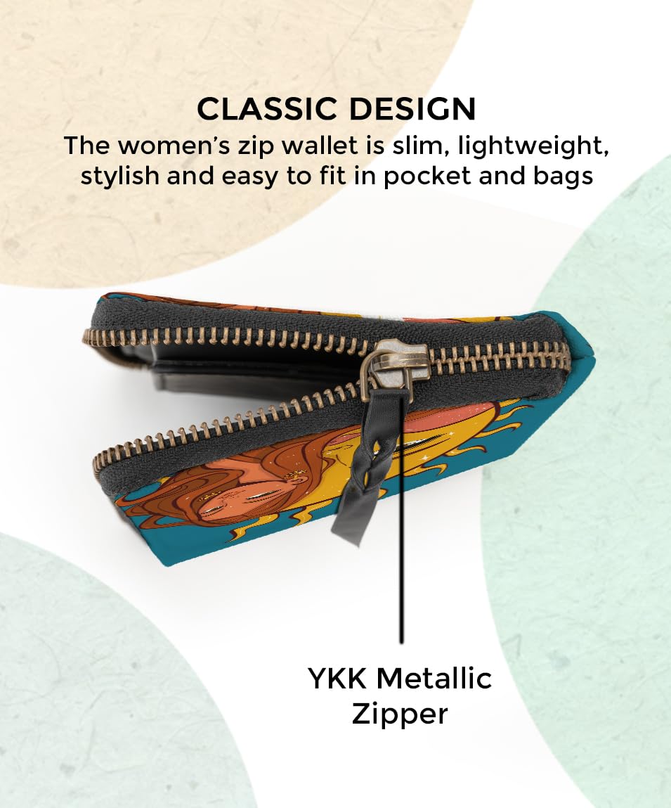 Kalankit Wallet for Women | Compact Vegan Leather Ladies Purse, Slim and Easy to Fit in Pocket with Card Slots, Cash & Coin Pocket | Small Bi-Fold Zip Wallets for Woman | The Child of Sun