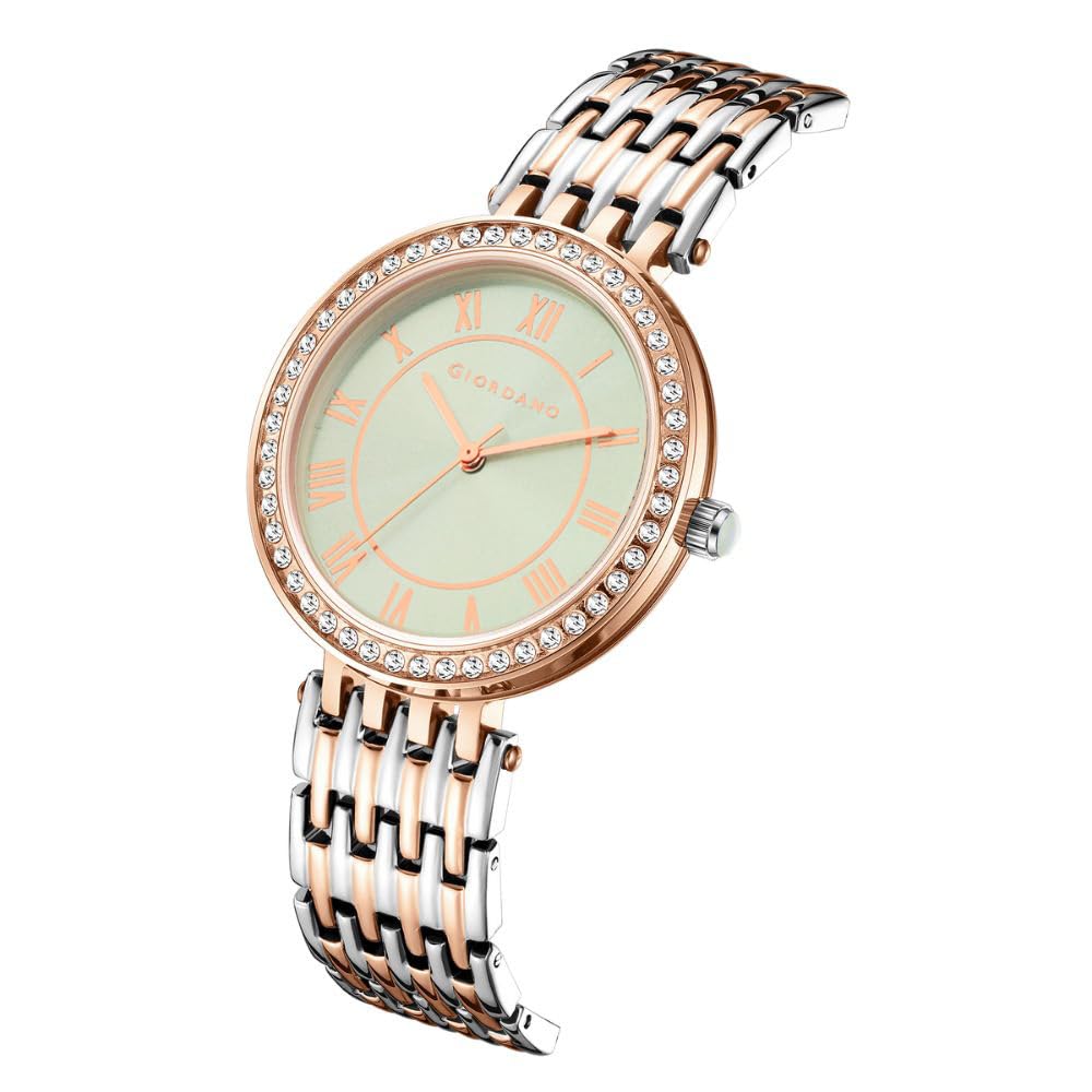 Giordano Eleganza Collection Watch for Women with Stainless Steel Strap and Crystal Embellished Bezel, Roman Numerals
