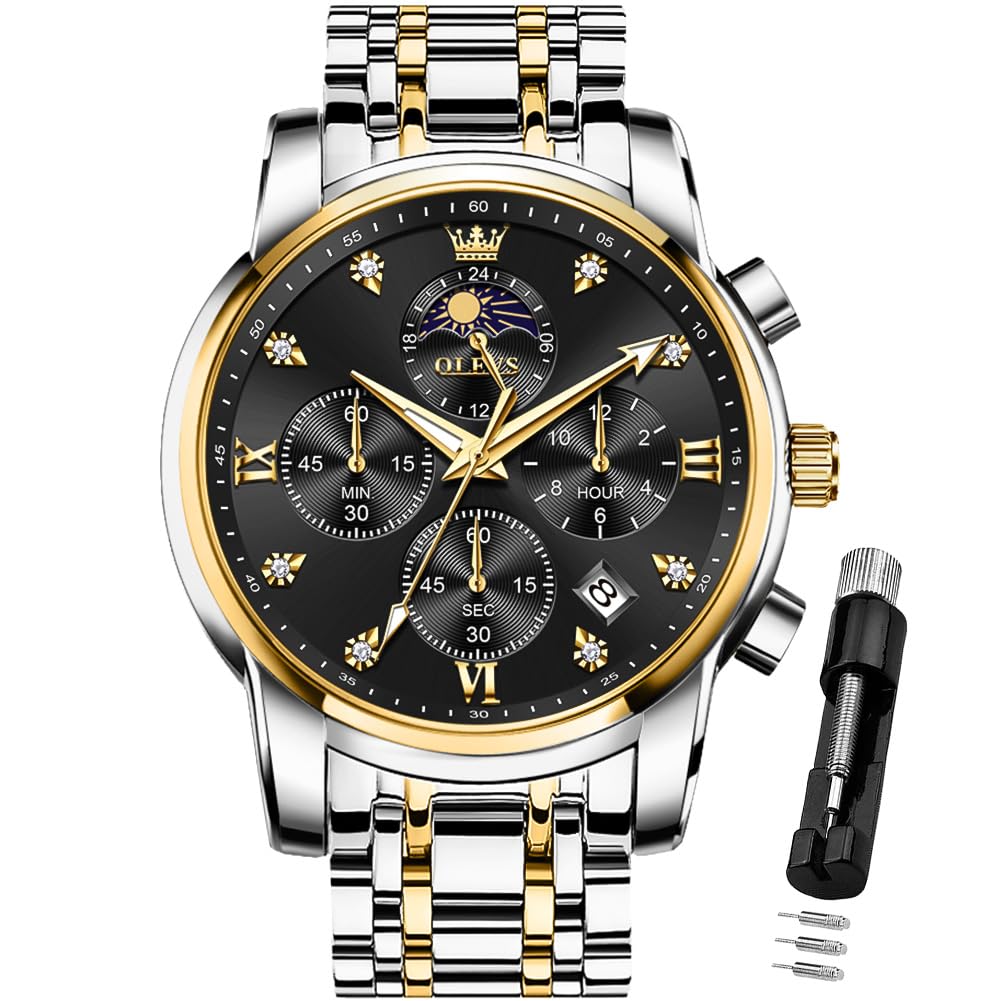 OLEVS Watch for Men Diamond Business Dress Analog Quartz Stainless Steel Waterproof Luminous Date Two Tone Luxury Casual Wrist Watch, silver black watches 3655, men watch