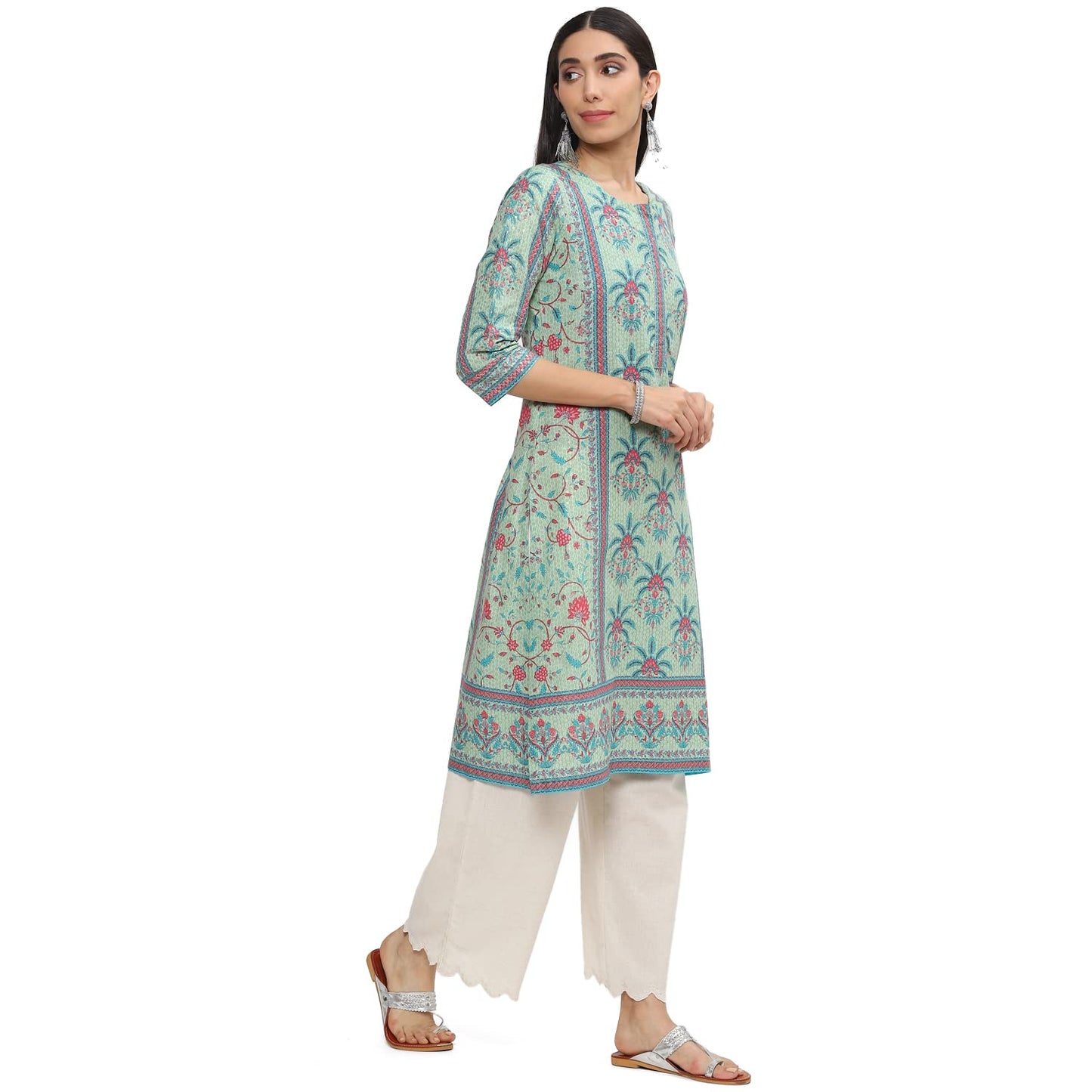 BIBA Women's Cotton Regular Tunic Shirt (ASRTD19570SS23GRN_Green