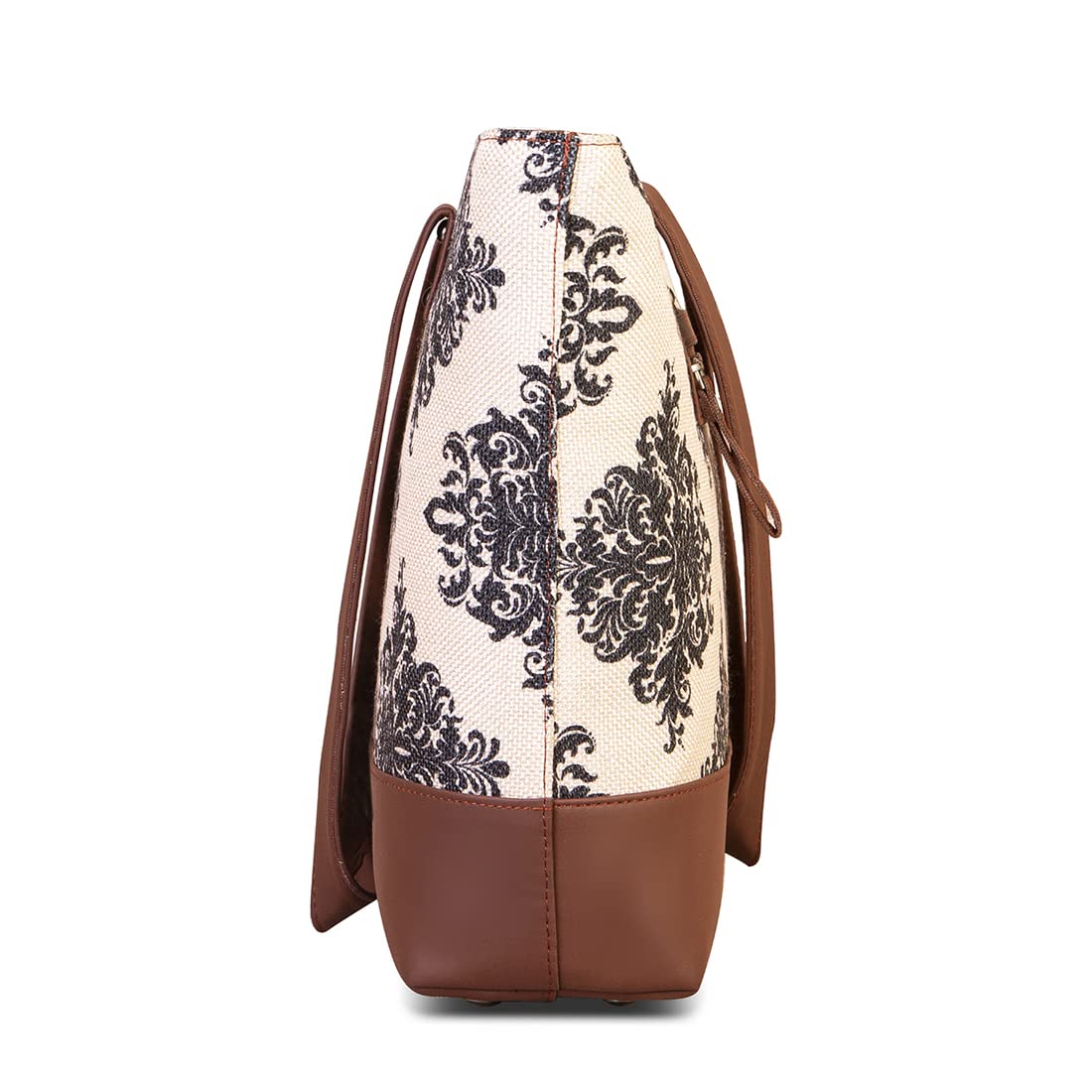 ZOUK Women's Handcrafted Cream and Black Mughal Motif Tote Bag and Handbag for Office and College