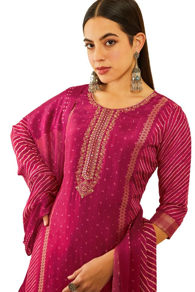 Soch Womens Fuchsia Brocade Bandhani Printed Suit Set with Mirror Work