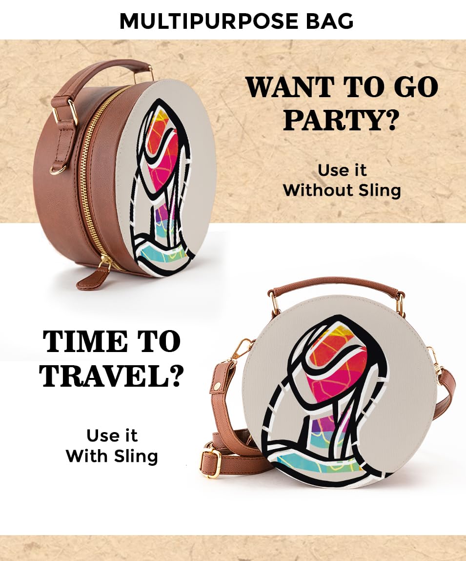 Kalankit Round Sling For Women | Girls Crossbody Bags | Side Bags With Adjustable Strap | Travel Box Sling Bags | Colourful Human