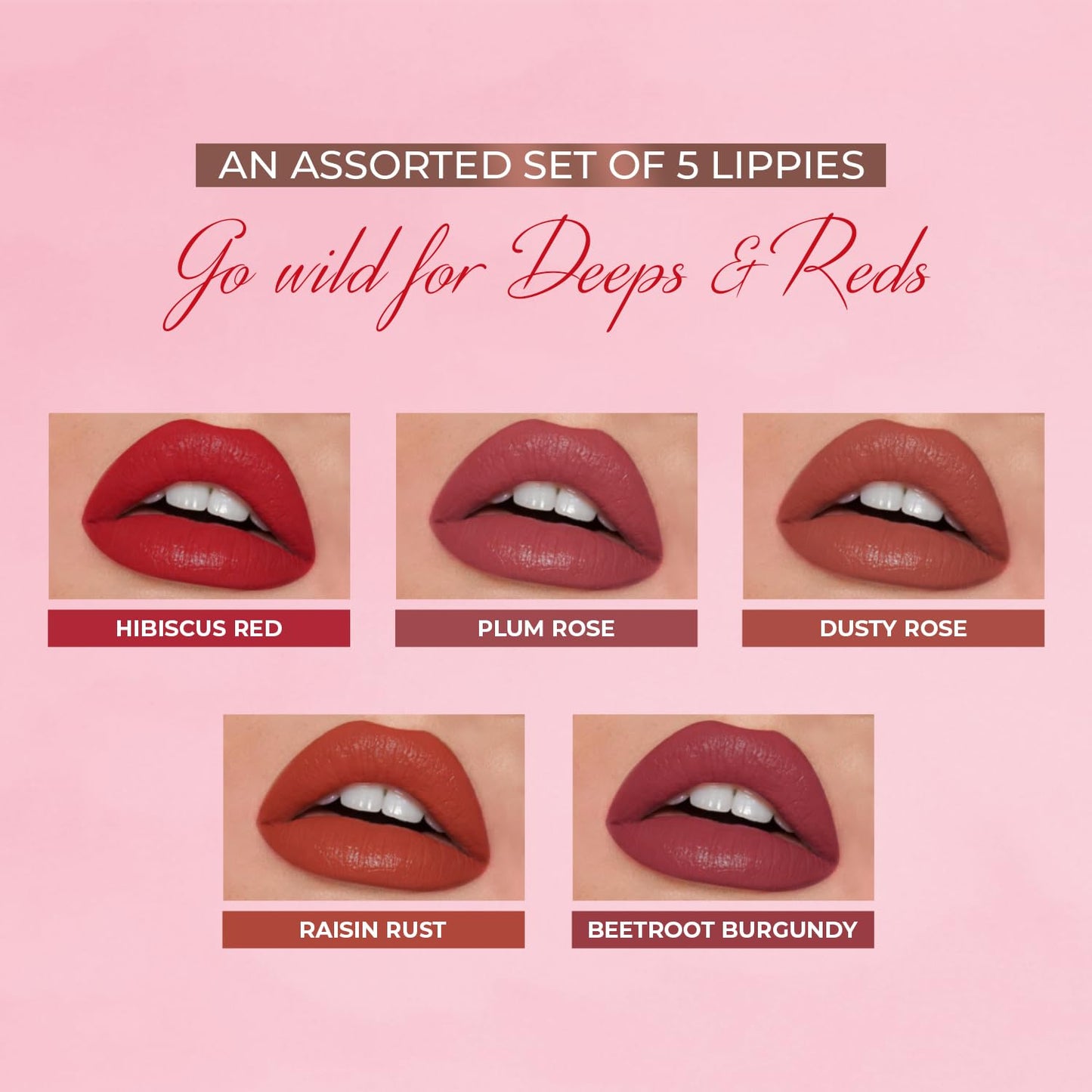 Just Herbs Ayurvedic Liquid Lipstick Kit Set of 5 with Long Lasting Matte Finish, Hydrating & Lightweight Lip Colour, Deeps & Reds - Paraben & Silicon Free - 5 ml