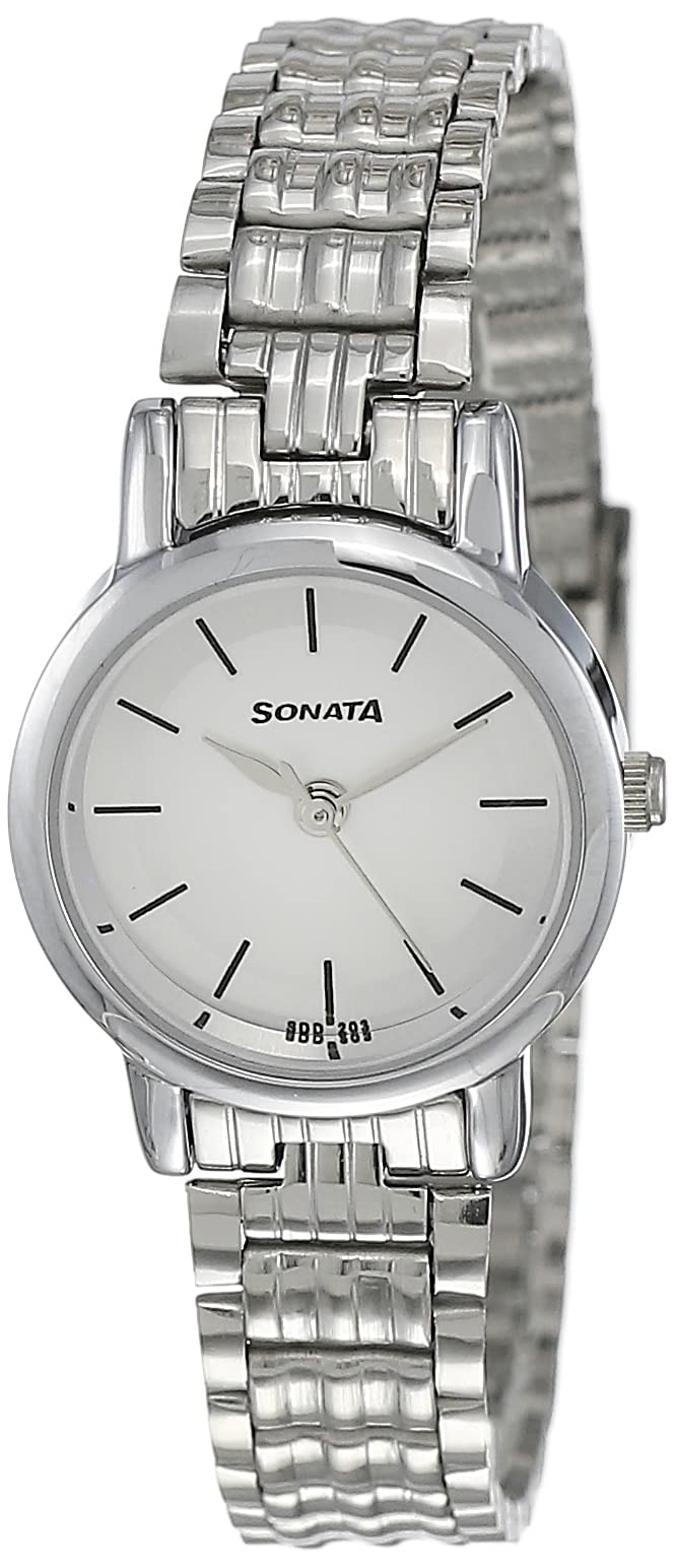 Sonata Quartz Analog White Dial Stainless Steel Strap Watch for Women-NR8976SM01W/NT8976SM01W
