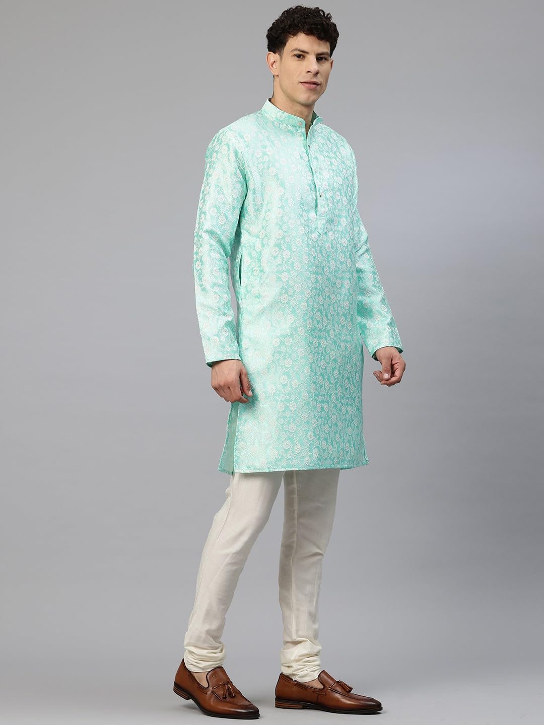 Luxrio Men's Silk Blend Jacquard Self Embroidered Textured Long Kurta Full Sleeves Green Size M