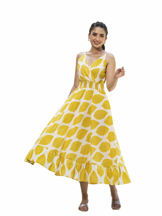 Divena Yellow Printed Pure Cotton Fit & Flare Dress