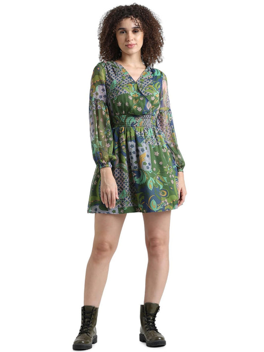 ONLY Women Printed Polyester Above Knee Green A-line Dress