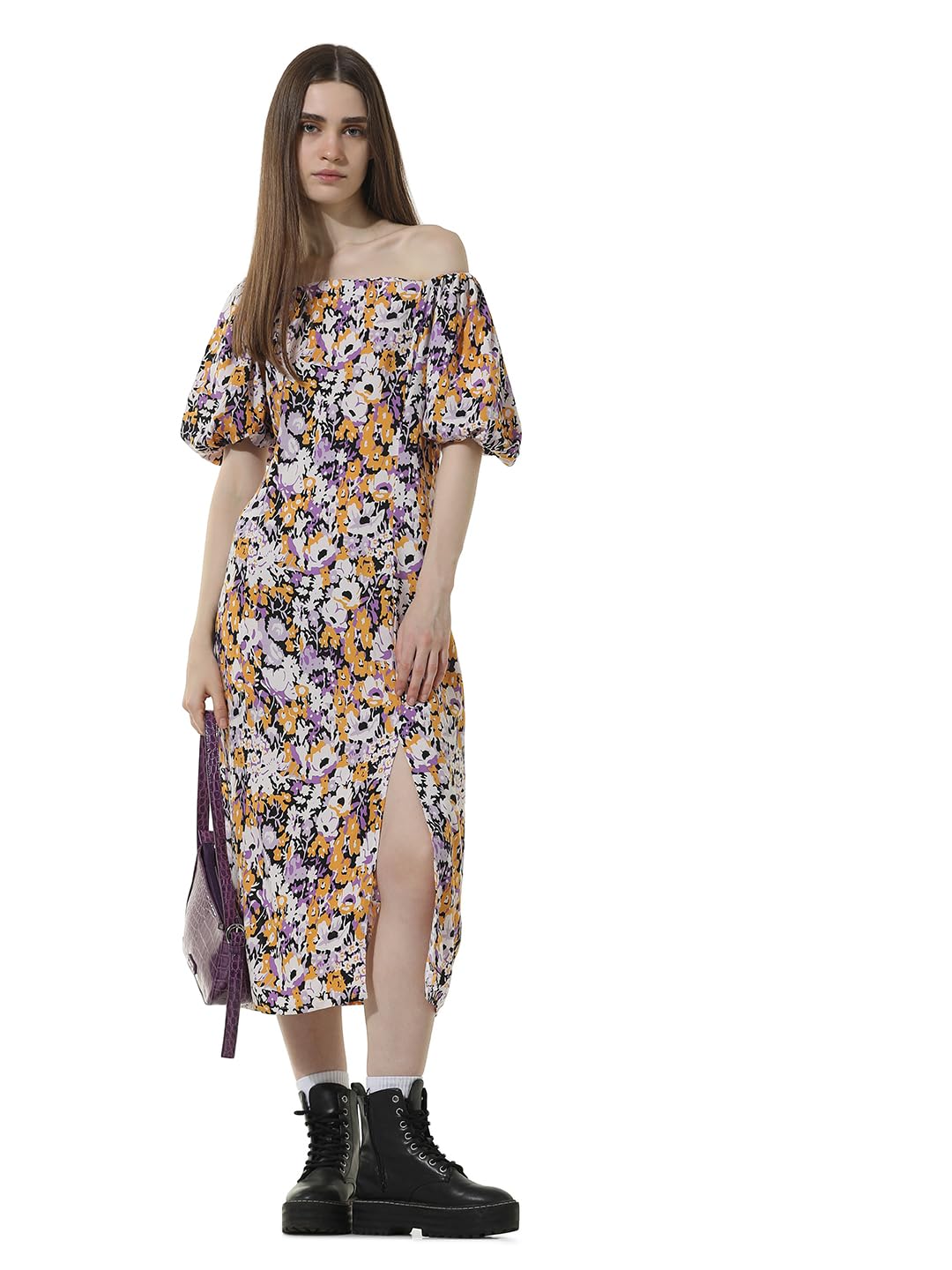 ONLY Women Printed Viscose Lavender Midi Dress
