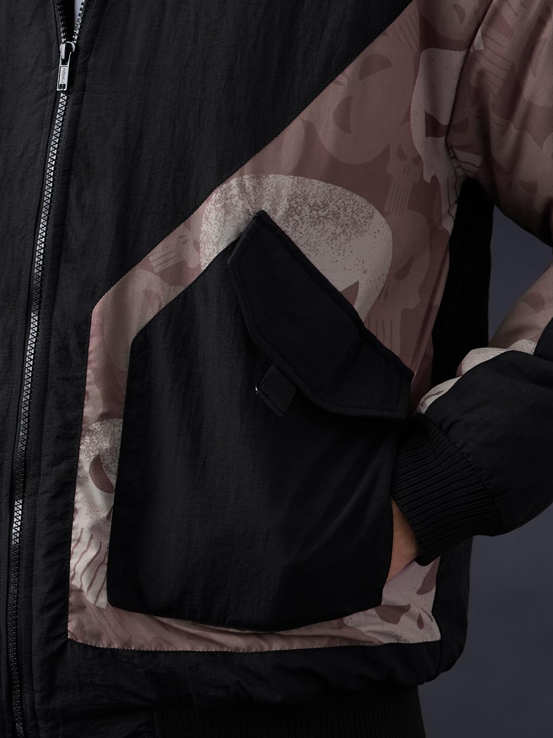 The Souled Store Punisher: Justice Men and Boys Full Sleeves Band Collar Black Camouflage Printed Polyester Regular Fit Lightweight Utility Pockets Winter Jacket