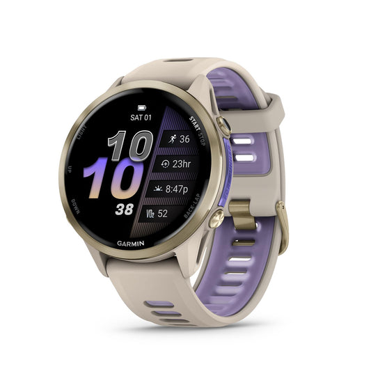 Garmin® Forerunner® 970, Premium GPS Running and Triathlon Smartwatch, AMOLED Display, Built-in LED Flashlight, Soft Gold Titanium with French Gray Case and French Gray/Translucent Indigo Band