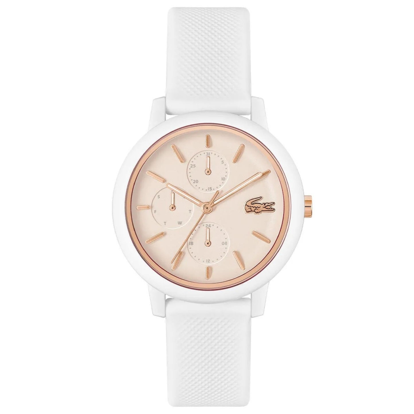 Lacoste Lacoste.12.12 Qtz Multifunction Carnation Gold Round Dial Women's Watch|White Silicone Material|White Color Band - 2001326