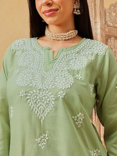 Ada Lucknowi Hand Embroidered Chikankari Cotton Short Kurta Kurti Tunic Top for Women A911551 Green (XL)