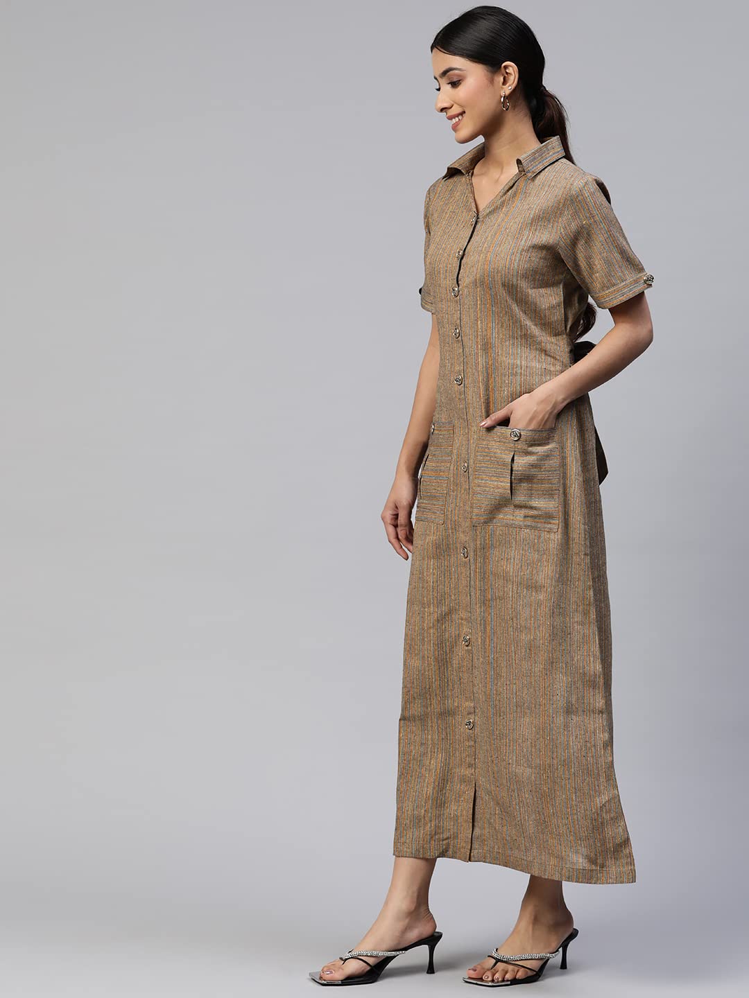 Cottinfab Women Green & Blue Striped Shirt Cotton Maxi Dress
