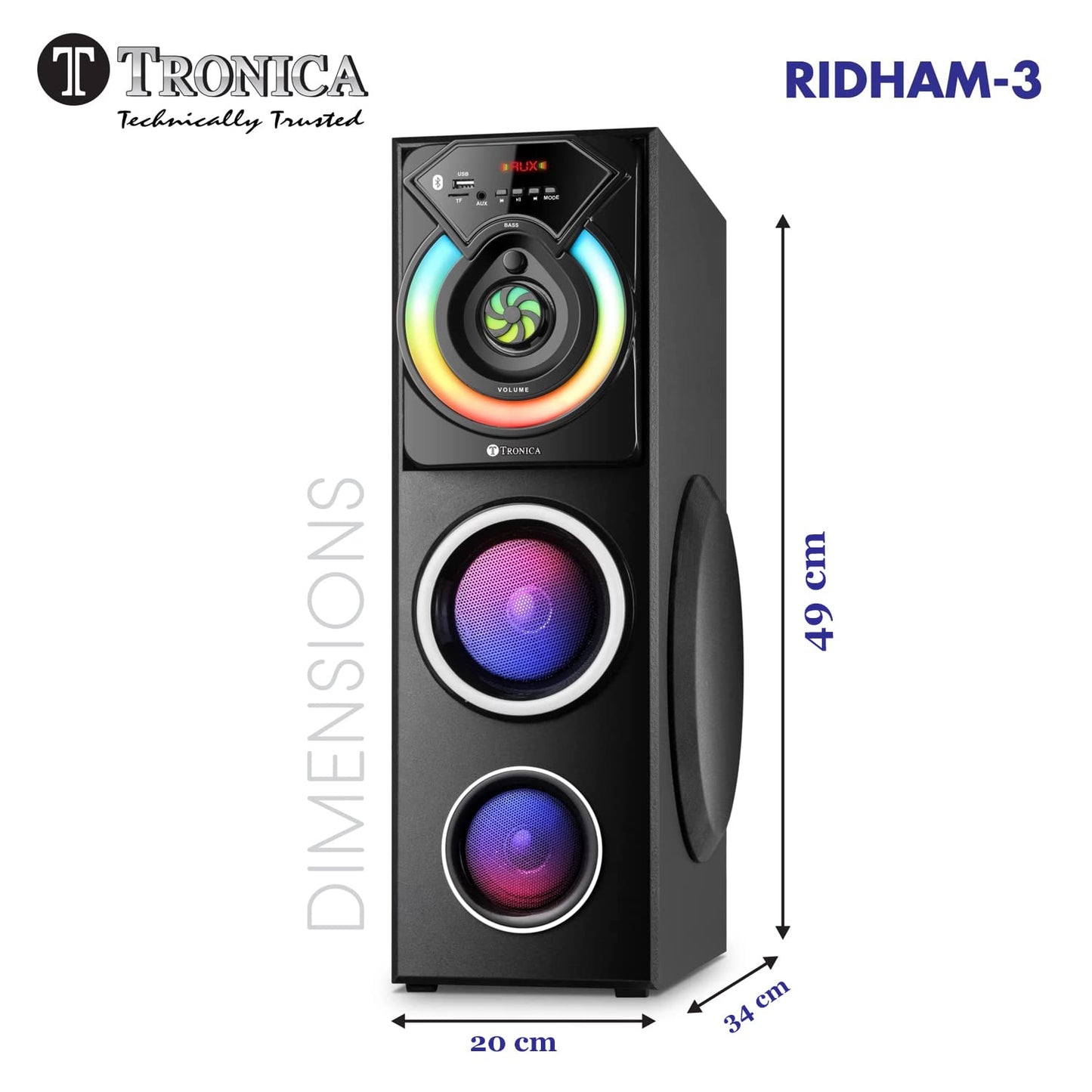 TRONICA RIDHAM 3 - The Powerful Bluetooth 100W Home Theater DJ Speaker with Vivid Light Effects, Supports PenDrive/SD Card/FM/TV/Aux with Remote & Free Wireless Mic