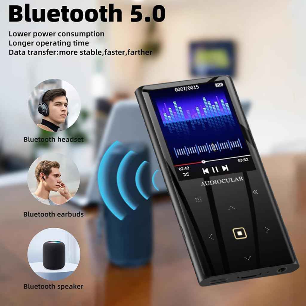 AUDIOCULAR M21 16GB Portable Mp3 Music Player with Bluetooth, 2.4” LCD Touch Screen, Video Playback, Built-in Speaker, Voice Recording Function Mini HiFi Player, Ideal for Travelling (16GB - Black)